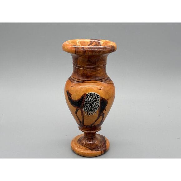Vintage Carved Wood Vase With Painted Camel Design And Inlaid Accents - Picture 6 of 10